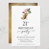Elegant Floral Gold High Heels 21st Birthday Invitation