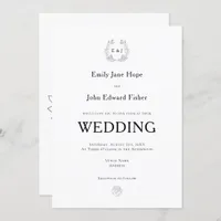 Black Typography/Leaf Monogram Initials Wedding Invitation