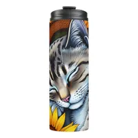 Sweet Napping Gray Cat and Sunflower Thermal Tumbler