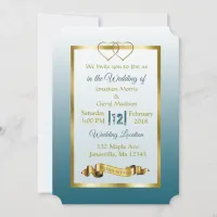 Slate Blue and Gold Hearts Wedding Invitations