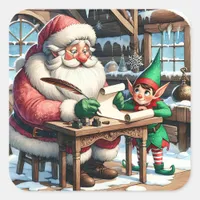 Adorable Santa and Elf Christmas Square Sticker