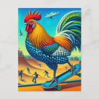 Skateboarding Surreal Colorful and Fun Rooster Postcard