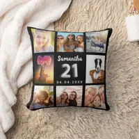 21st birthday black silver photo collage throw pillow