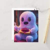 Silly Adorable Ghost eating Toast Jam with Fork Postcard