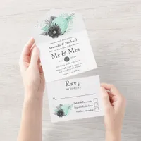 Mint and Charcoal Floral Rustic Wedding All In One All In One Invitation