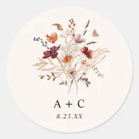 Boho Wildflower Fall Burgundy Rust Wedding Classic Round Sticker