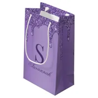 Chic Sparkle Purple Glitter Drips Monogram  Small Gift Bag