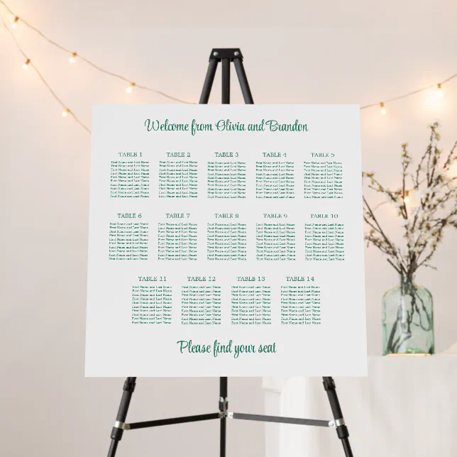 Emerald Green 14 Table Seating Chart Foam Board