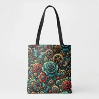 Beautiful Steampunk Themed Gears and Roses Tote Bag