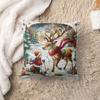 Festive winter wonderland with a joyous reindeer throw pillow