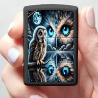 Moonlit Owls Above a Tranquil Lake Reflection Zippo Lighter