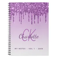 Purple glitter drips violet monogram notebook