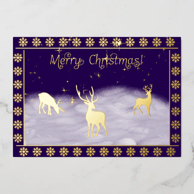 Merry Christmas - Deers in the snow - gold Foil Invitation