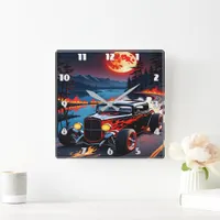 Dreamy night ride in a classic hot rod by the lake square wall clock