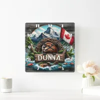 Canadian Beaver Near Lake With Rocky Mountains Square Wall Clock