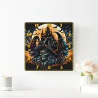 Spooky witches gather under a full moon backdrop square wall clock