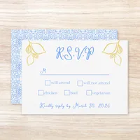 Chic Mediterranean Lemon Blue Tile Italian Wedding RSVP Card