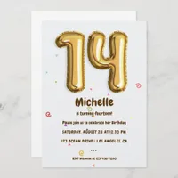 Gold Foil Balloon and Confetti 14th Birthday Party Invitation
