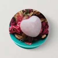 Rose Quartz Heart in a Bed of Rose Petals Button