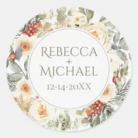 Elegant Winter Florals Personalized Wedding Classic Round Sticker