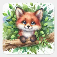 Cute Red Fox Watercolor Square Sticker