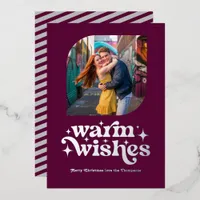 Berry Purple & Silver Modern Retro Christmas Photo Foil Holiday Card