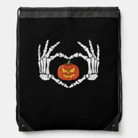 Vintage Skeleton Hands Heart Pumpkin Autumn Hallow Drawstring Bag