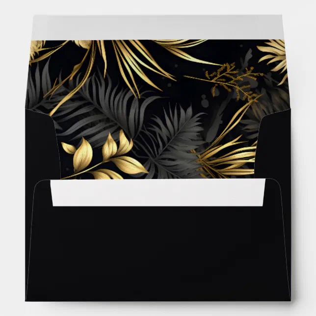 Modern Black Gold Tropical Leaves Wedding Envelope