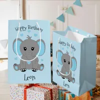 Cute baby elephant in blue, boys birthday  medium gift bag