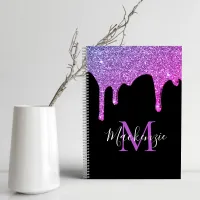 Purple Hot Pink Sparkle Glitter Drips Monogram Notebook