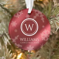 Festive Red Foil Snowflakes Monogram Name Ornament