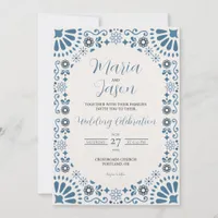 Mexican Talavera Majolica Blue Floral Boda Wedding Invitation