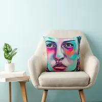 Abstract Women's Face Teal and Pink Art Throw Pillow