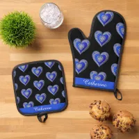 Blue Ornate Love Hearts Patterned Stylish Elegant Oven Mitt & Pot Holder Set