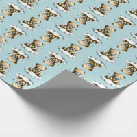 Cute Teddy Bear Blue Bow Tie Blue Background Wrapping Paper