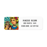 Cartoon Comic Pop Art Women Holding Cat Label