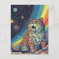 Cat Meows in space With Rainbow Postcard