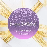 Purple pink glitter Happy Birthday Classic Round Sticker