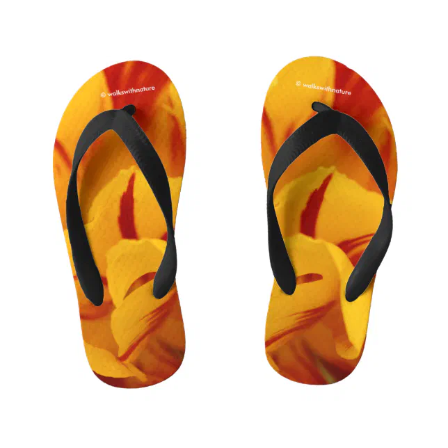 Elegant Floral Red and Gold Monsella Tulips Kid's Flip Flops