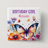 Butterfly in Flowers Girl's Birthday Girl  Button