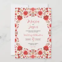 Mexican Red Pink Floral Aesthetic Romantic Wedding Invitation