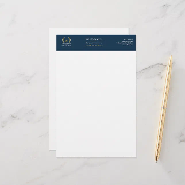 Classic Laurel Wreath Navy Blue Gold Monogram Stationery