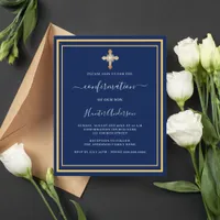 Navy blue gold cross boy invitation