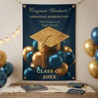Navy Blue Metallic Gold Balloon Graduation Party Banner