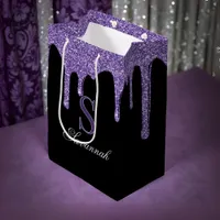 Chic Black Sparkle Purple Glitter Drips Monogram Medium Gift Bag