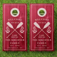 Rustic Lake House Red Wood Established Family Name Cornhole Set