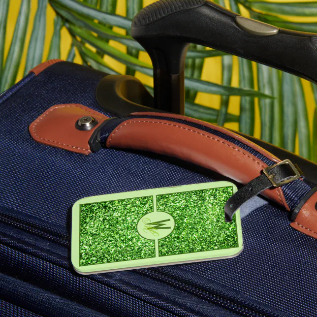 Elegant Green Glitter Monogrammed  Luggage Tag