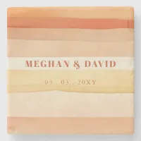 Retro Watercolor Stripes Terracotta Orange Wedding Stone Coaster