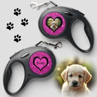 Pink glitter with heart - custom photo  retractable pet leash 