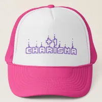 Gamer Charisma Stat Cute Purple Pixel Art Slogan Trucker Hat